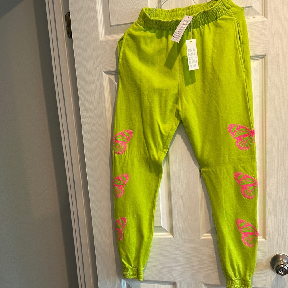 Frankie's Bikinis Neon Green Joggers with Pink Butterfly Design